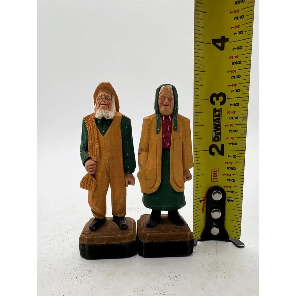Vintage Hand Carved Wood Figures Elderly Old Couple Folk Art Statue Pair 3